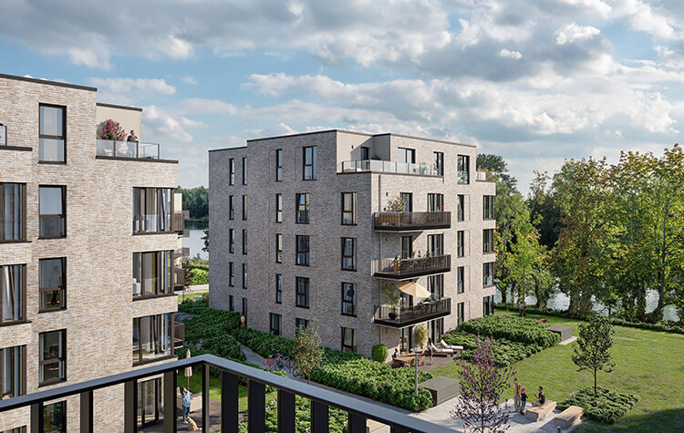 Visualisierung des Blicks aus einem Wohnzimmer, über den Balkon auf die Elbe im Neubauprojekt Waterkant Geesthacht.